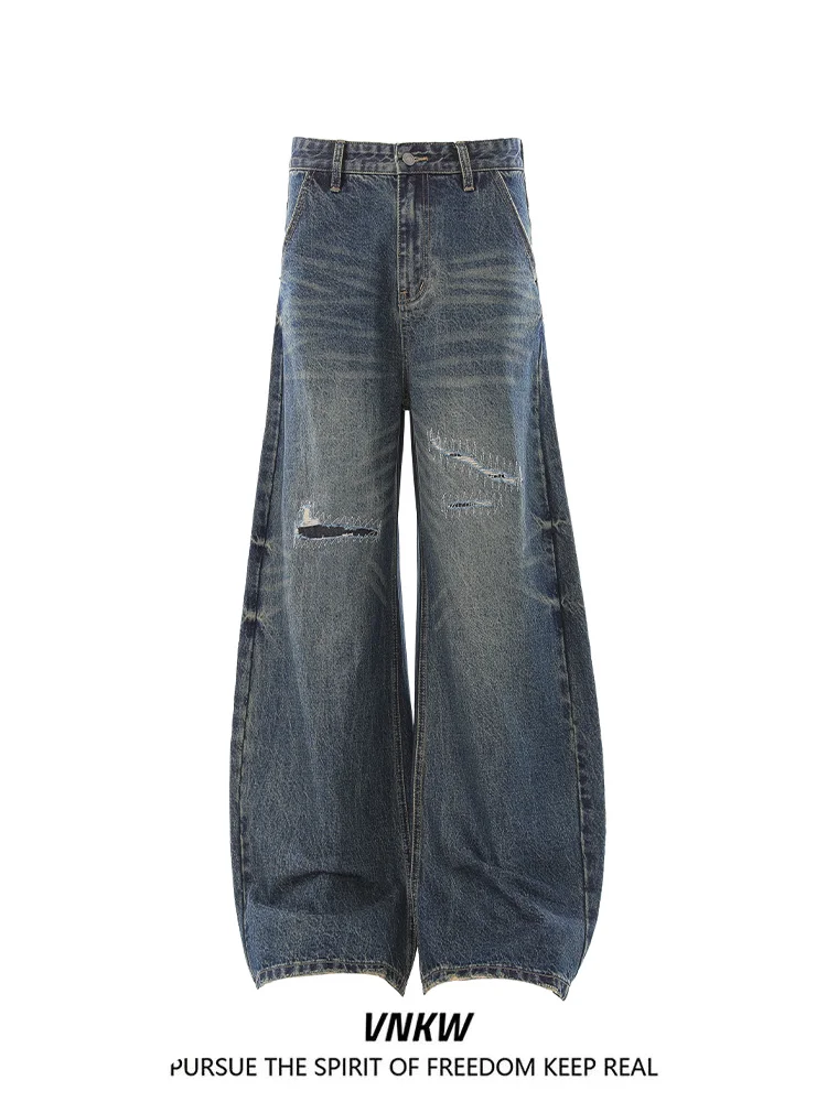 

Retro American Washed Pattern Wide Leg Jeans Loose Straight Cut Commuter Long Pants for Men And Women