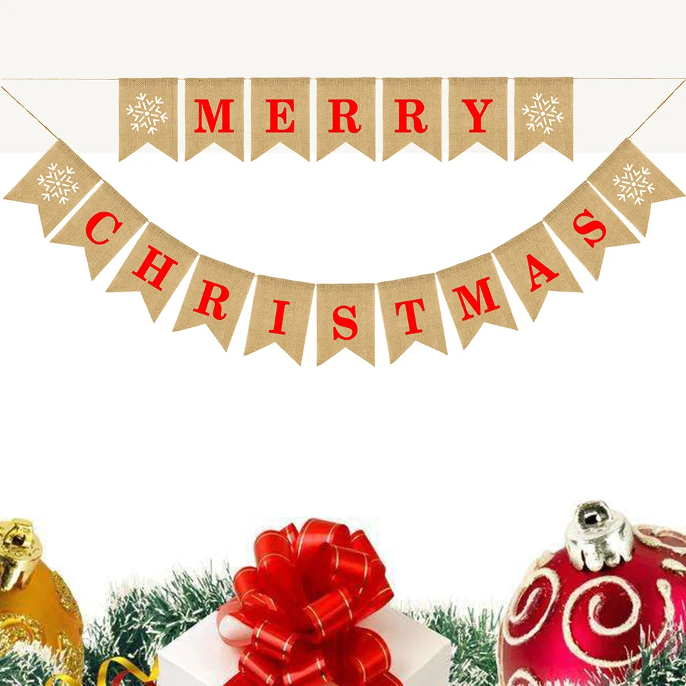 

Merry Christmas Letter Bunting Banner Burlap Linen Snowflake Pattern Swallowtail Pull Flag Party Decoration Xmas Ornament