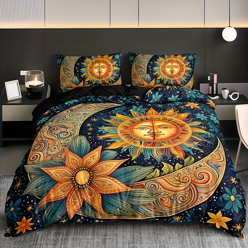 3Set Sun and Moon Floral Pattern Suit - Including1One Quilt Cover and2Pillowcase，Breathable Polyester Fiber，Machine Washable - S