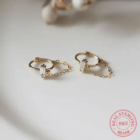 여성용 진짜 925 스털링 실버 태슬 체인 귀걸이, 슈퍼 샤이닝 클리어 스퀘어 Cz 지르콘 이어 버클 아레테, 한국 스타일
