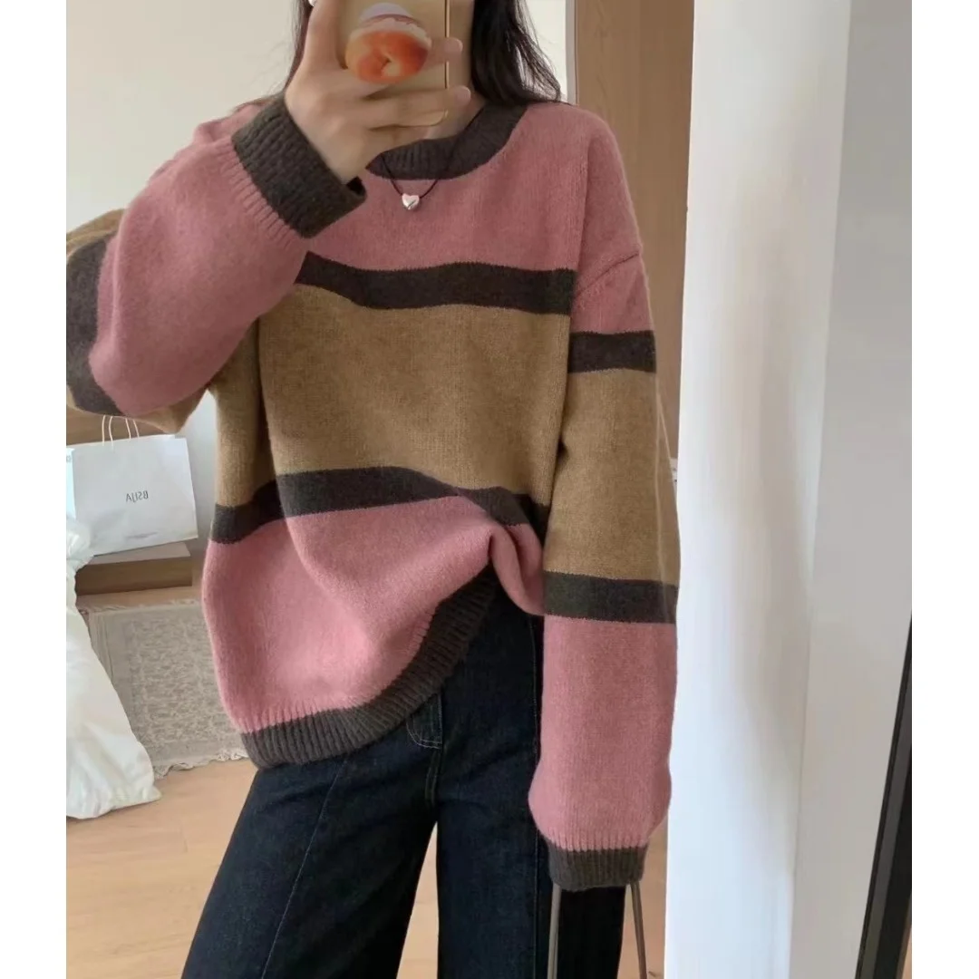 المرأة فضفاضة تناسب Thiened سترة ناعمة أنيقة كسول Sle مخطط محبوك لخريف شتاء جديد وصول عادية Faion #3