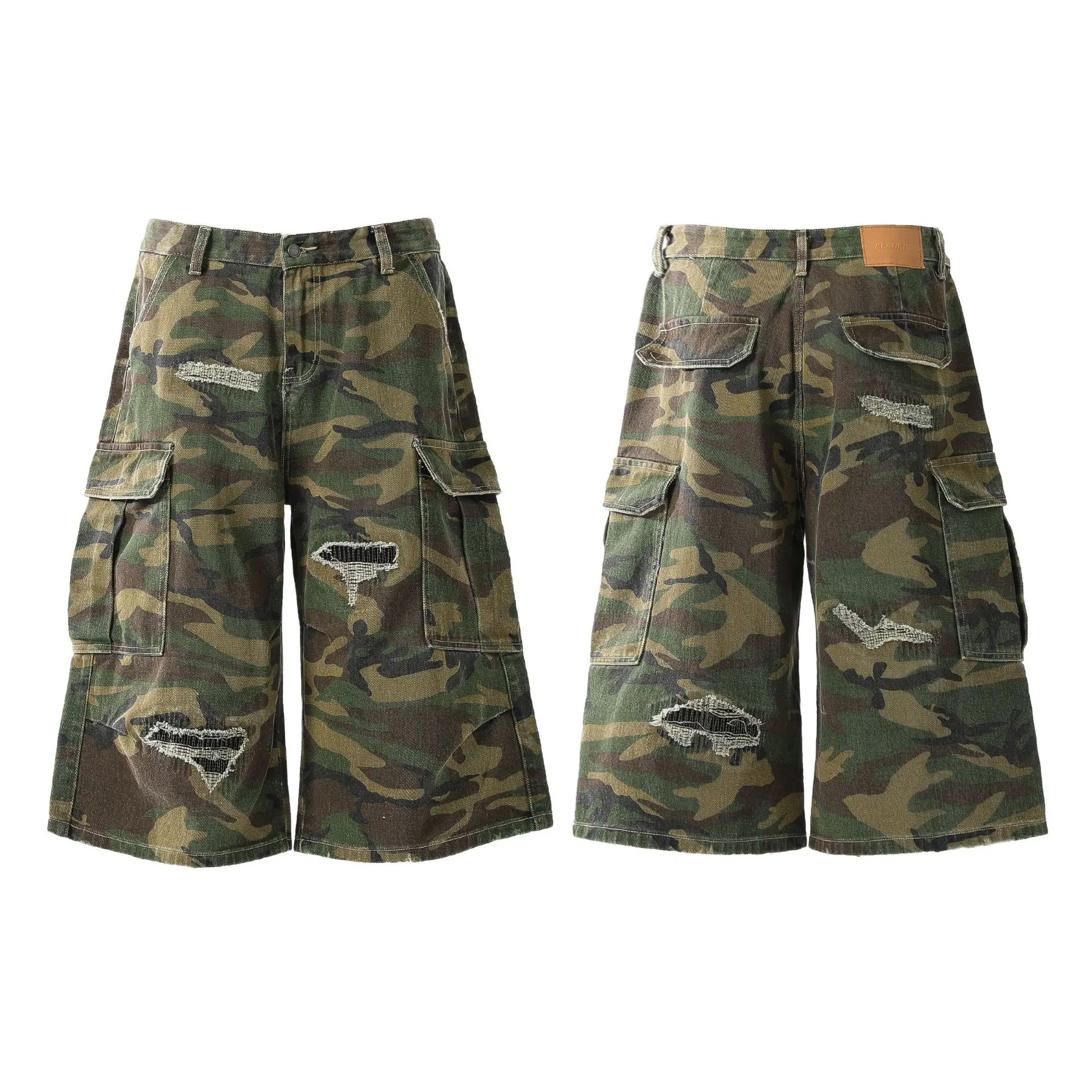 American Retro Camouflage Ripped Multi-Pocket Workwear Shorts Baby Boy and Girl Summer Pu Shuai Loose Pants