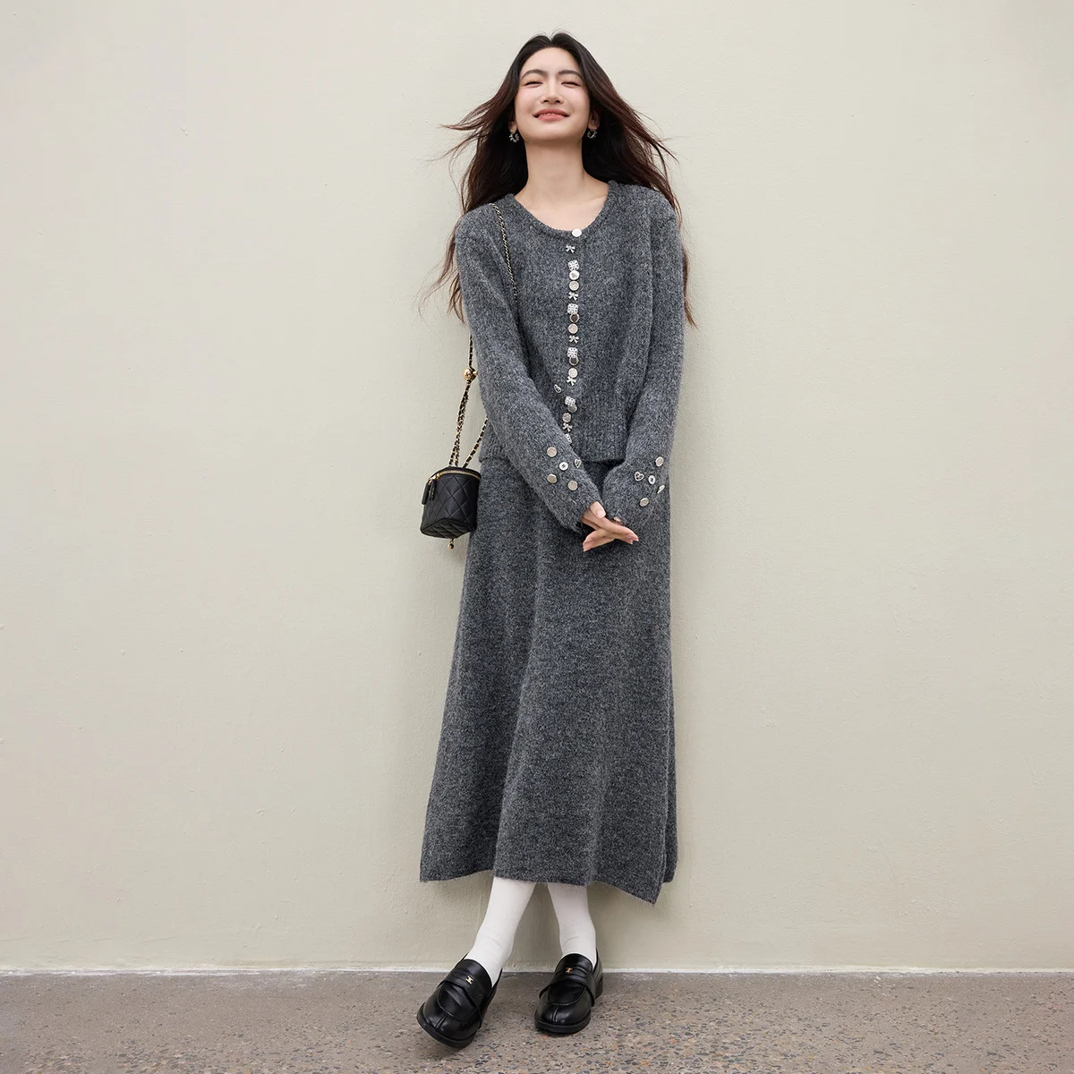 SENTUBILA جديد قطعتين مجموعة للنساء 2025 زر الزخرفية سترة ماكسي تنورة فضفاضة تناسب الشتاء عادية المرأة البدلة W54ZF5741