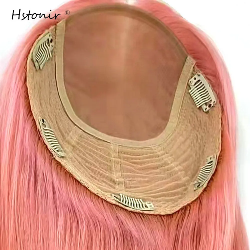 Hstonir Pink Human Hair Toupee For Women Clip In Silk Top European Remy Hair Extensions Hair Pieces Magic Hair Topper TP26