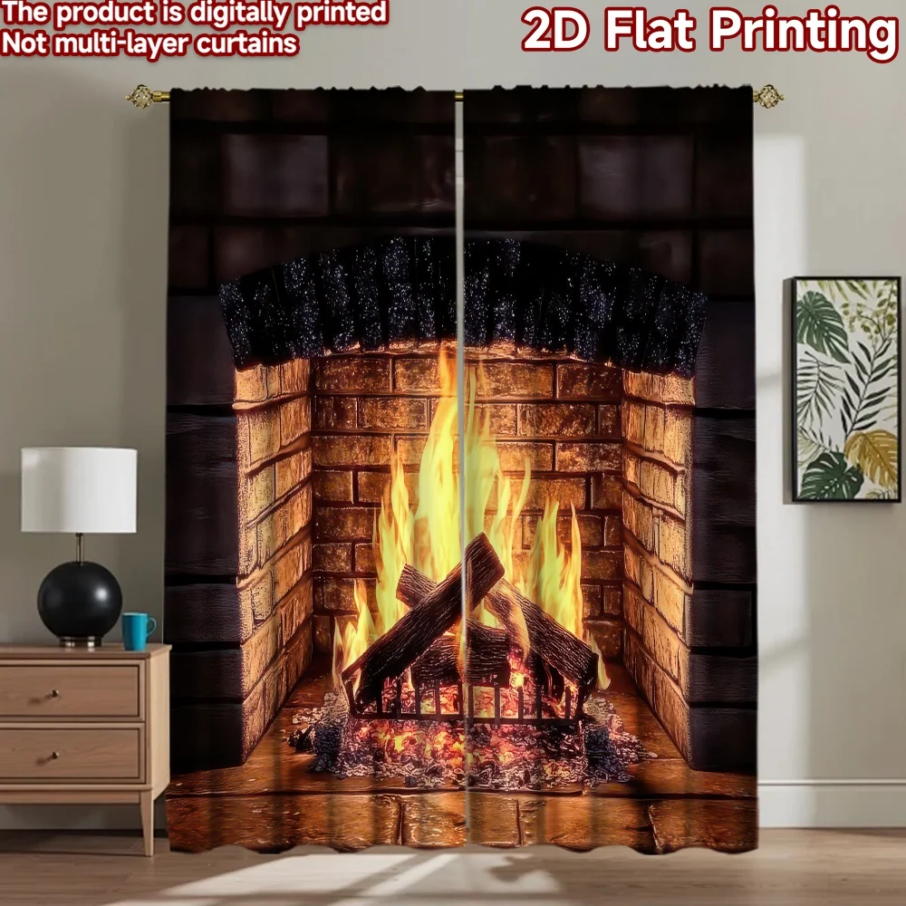 2D flat 2pcs Curtain Retro Country Style Burning Fireplace Logs (2) Digitally printed polyester Party Decorations for Indoor