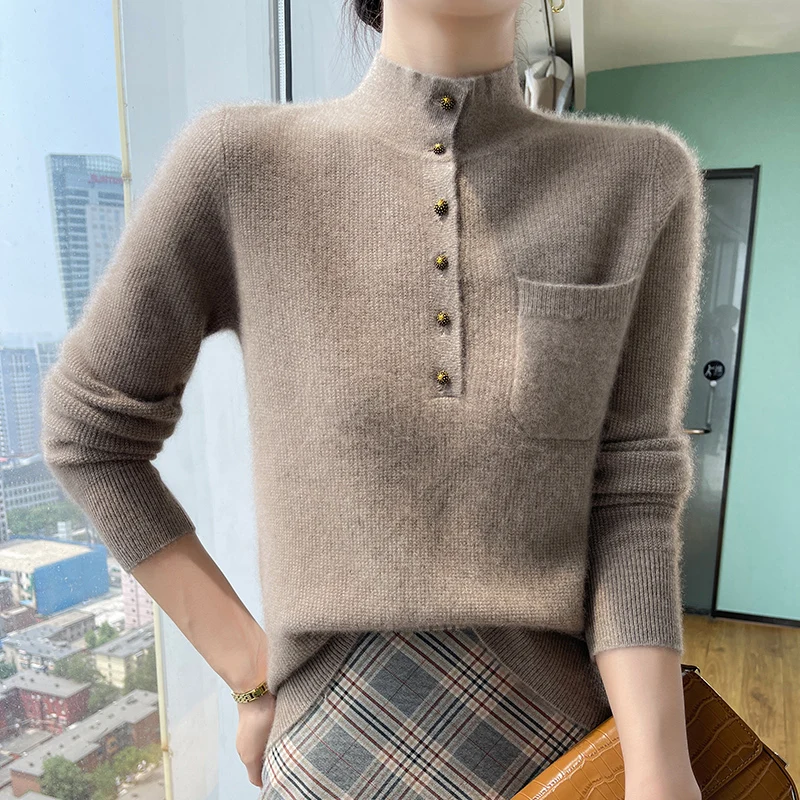 Pulôver de botão de bolso solto meio gola alta feminino, 100% lã merino, jumper de malha, blusa elegante, outono inverno