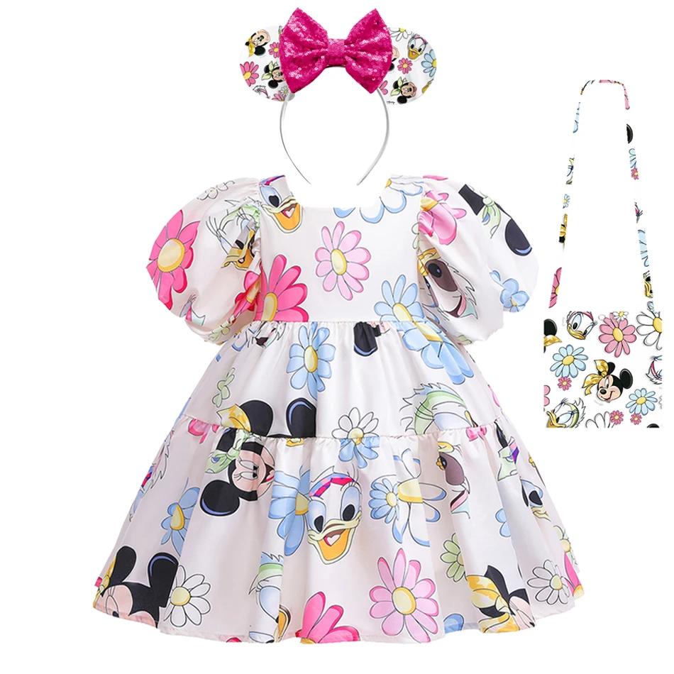 Vestido casual sem costas para meninas, roupas infantis, criança, Mickey, Minnie Mouse, Daisy Cartoon, manga folhada, vestidos bonitos para bebê, verão