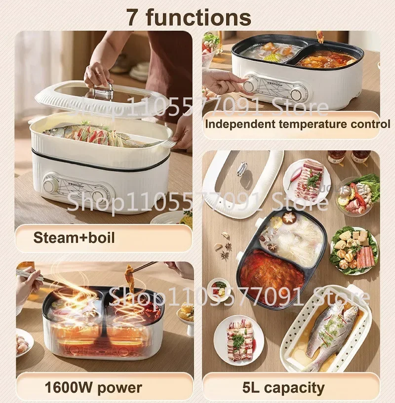 6L Electric Cooking Pot Home Dual Temperature Control Hot Pot Non-stick Frying Pan Multi-function Pot Kitchen Food Heater 1600W