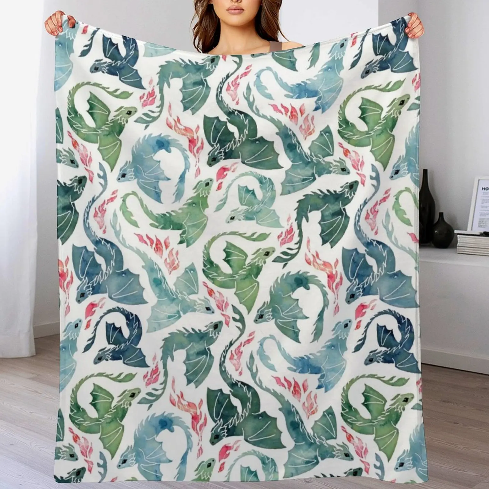 

Dragon fire blue & green Throw Blanket Cozy Warm Blanket for Bed Room Decor