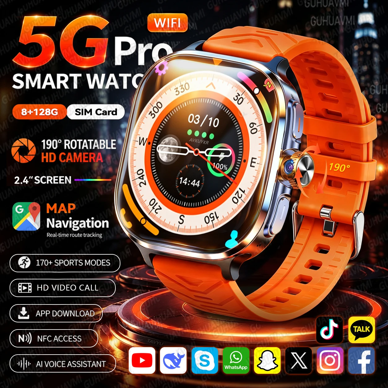 Newly Fashion 4G/5G 5G Full Network Smart Watch 2.4“AMOLED IMAX Screen 1000WCamera Video Call 8GB+128GB Google Map APP Download