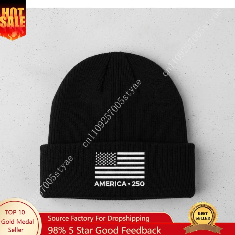 

America 250 Flag Embroidered Beanie Men Women Knit Hat Warm Beanies Winter Caps Soft Skull Cap Fashion Ski Hats Knitted Hat