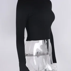 Üstleri kırpılmış uzun kollu mürettebat boyunlu kadın t-shirt gündelik ince tişörtler temel, ince, siyah beyaz, seksi, yaz, 2022 8 en çok satan-gömlek kadın yaka-no. 8