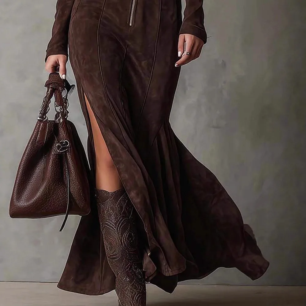 Casual O-neck Long Sleeve Suede Party Dress Elegant Side Split Solid Slim Long Dress Women Fashion With Belt Tie-Up Maxi Dress