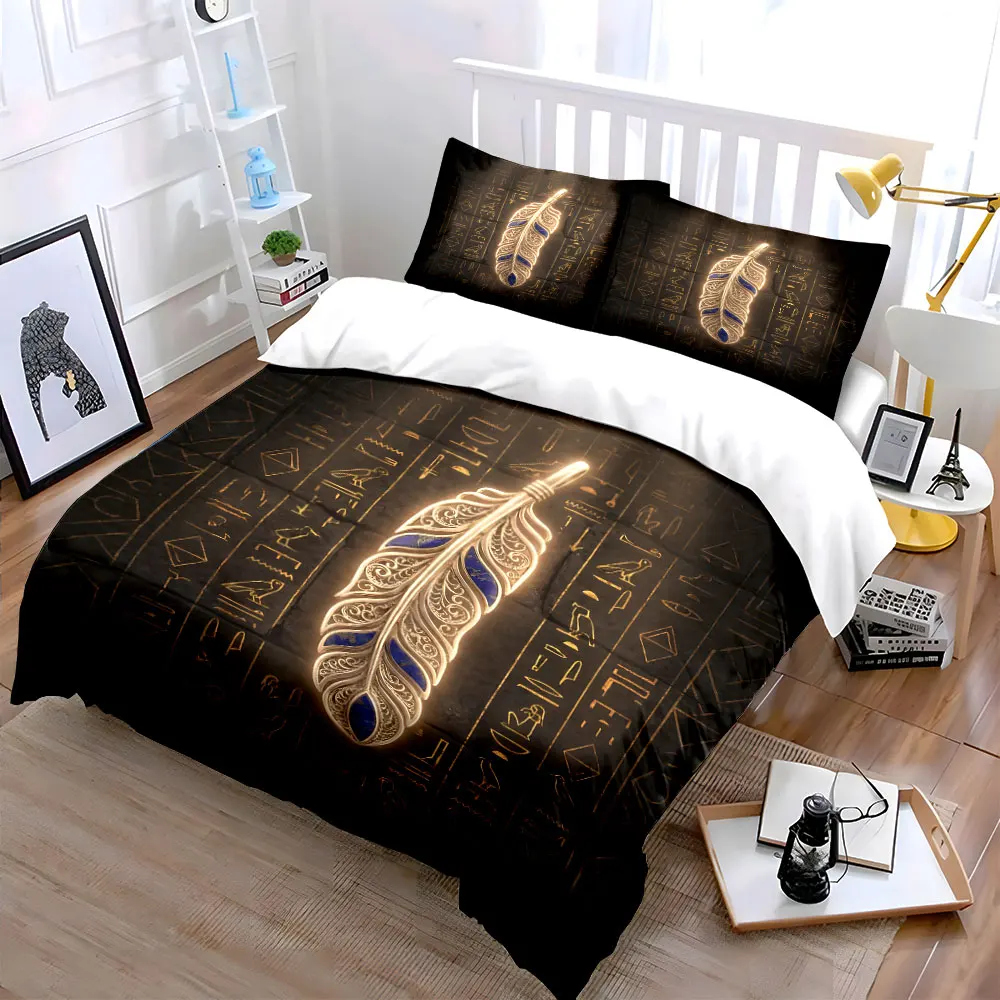 Golden feather with blue gemstones Bedding Set for Kids Luxury Gift 3pcs Digital Print Comforter Set Soft Comfortable Breathable