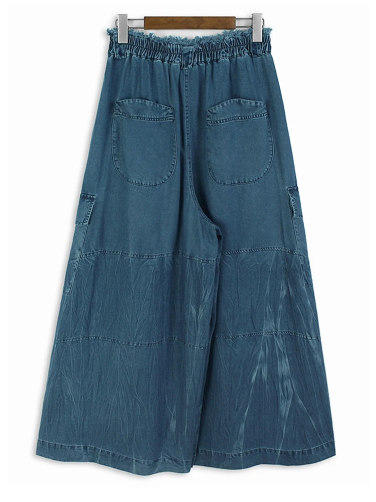 [EAM] High Waist Blue Burr Denim Pocket Long Casual Wide Leg Jeans New Women Trousers Fashion Tide Spring Autumn 2024 1DH6401