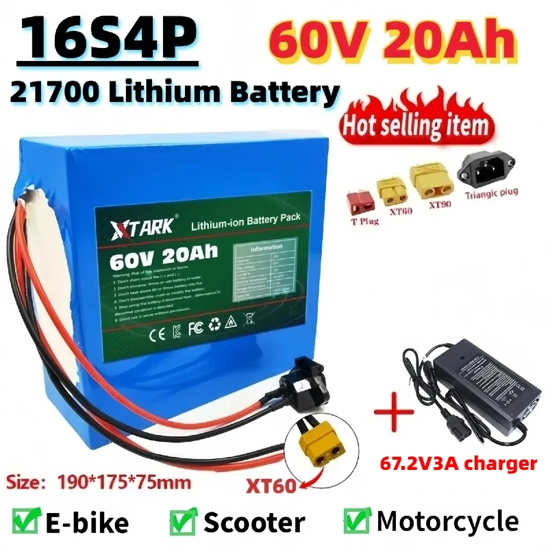 

2024 New XT60 plug 60V 40Ah 16S4P 21700 Lithium Battery Pack 1000W-3000W E-Bike Motorcycle Scooter Battery +67.2V 3A Charger