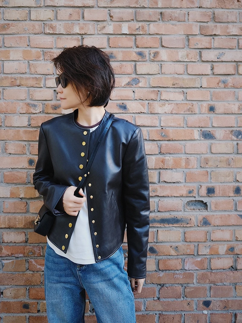 

Кожаная куртка Ort Collarl 3DE MARZO BEAR Brand из натуральной кожи, женская, осенняя, верхняя одежда