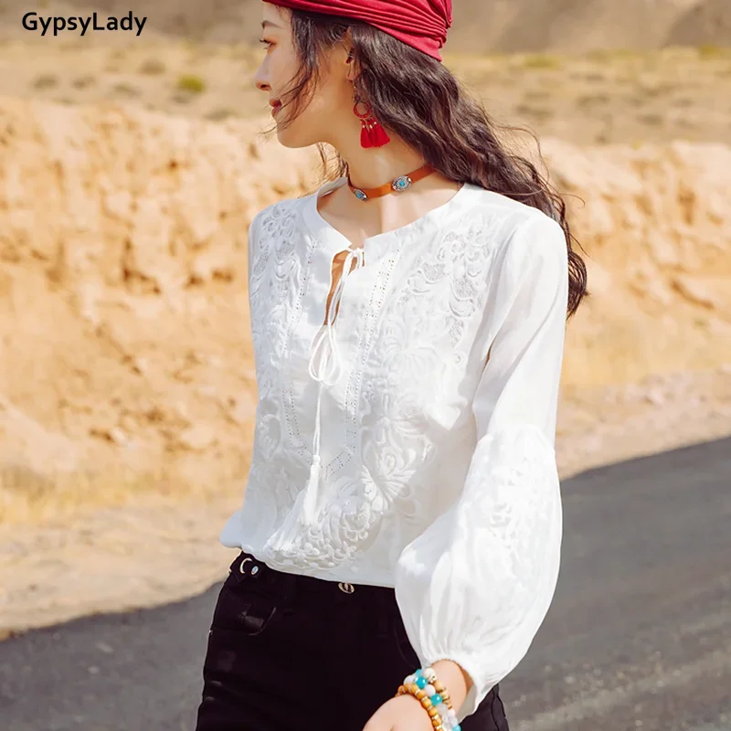 GypsyLady Silk White Embroidery Blouse Shirt 2 Piece Set Lace Sheer Blouse Women Long Lantern Sleeve Sexy Chic Holiday Top Shirt