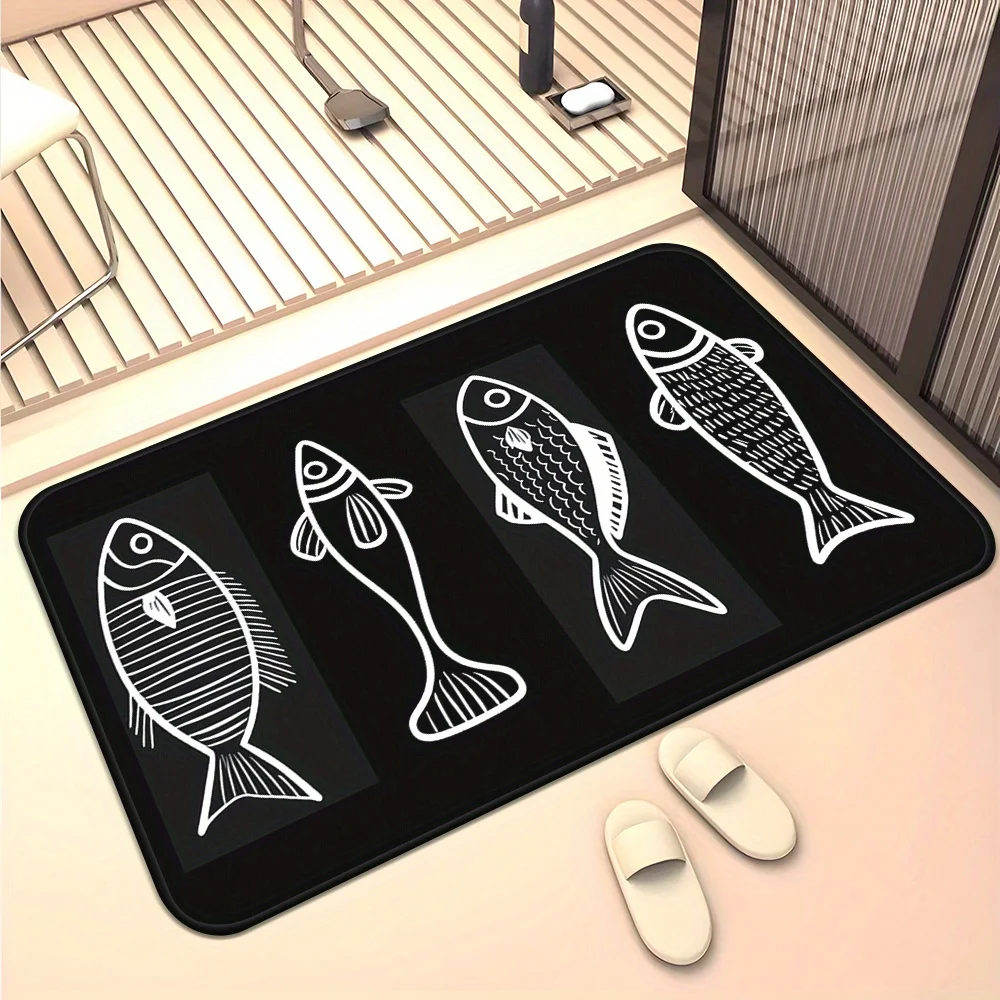 Black Mat with 4 Stylish Fish Illustrations – White Line Art, Non-Slip & Machine Washable for Entryway, Bathroom, Kitchen