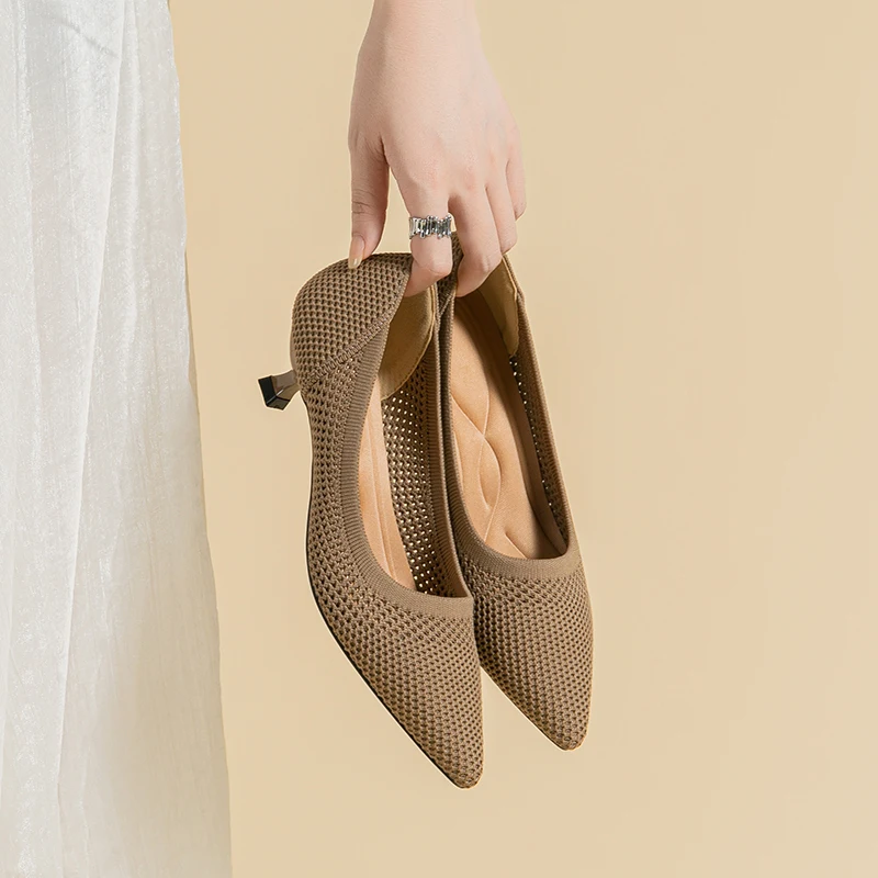 Talons hauts en maille respirante pour femme, semelle en caoutchouc anti-ald, chaussure pointue à la mode, douce et légère, été, nouveau, 107, 2024