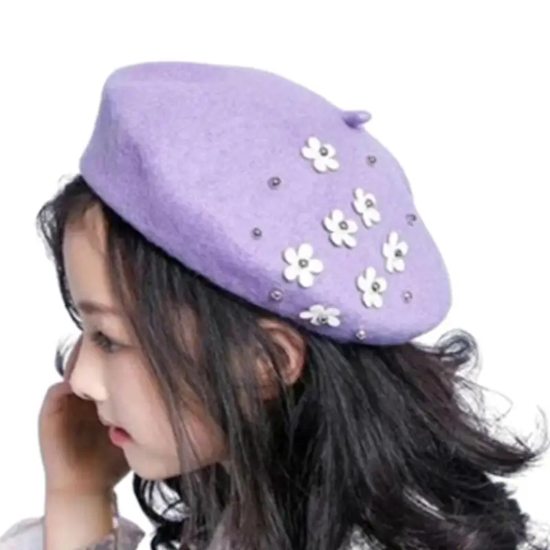 

652f Fashion Pearl Flower Children Дети Берет Шляпа Девочки шерстяная шляпа шерсть тепло