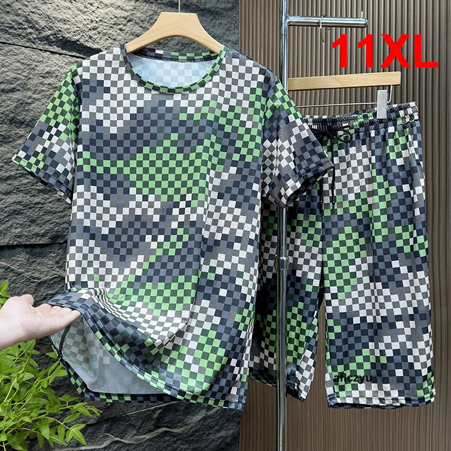 Trajes a cuadros de camuflaje para hombre, camisetas de secado rápido, conjuntos de pantalones cortos, trajes casuales de moda, ropa de verano, talla grande 11XL, Aflczyu