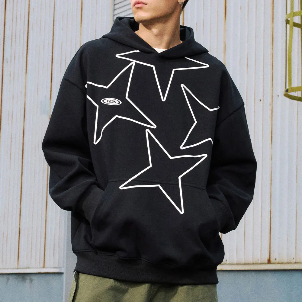 

Veidoorn Trendy Fall Hooded Sweatshirt Women Men Star Print Pullover Unisex Casual Streetwear Long Sleeve Crewneck Sweatshirt