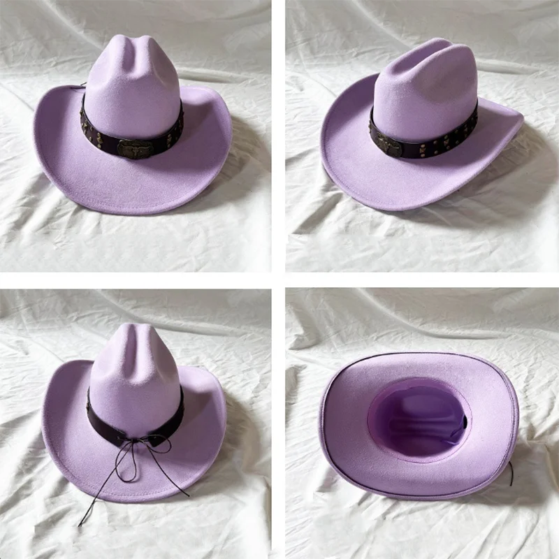 Light purple men's cowboy hat Western cowboy hat Ancient copper cowl label curled brim concave convex hat top Ethnic  sombrero