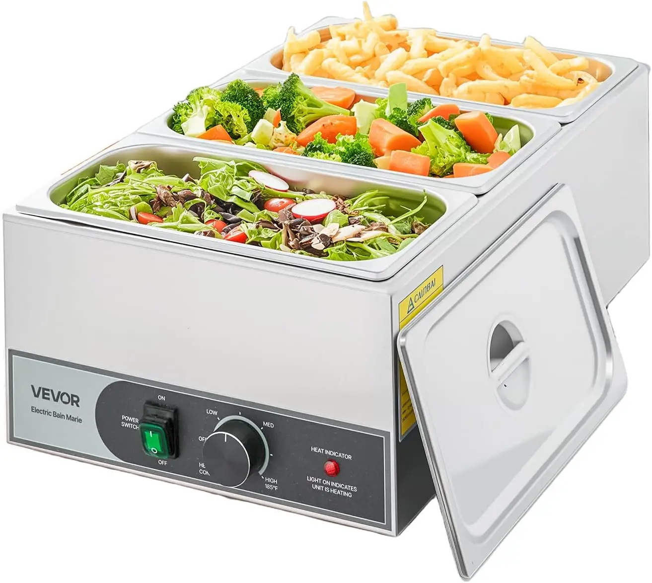Calentador de Alimentos Eléctrico de Acero Inoxidable de 1200W, Baño María de Sobremesa de Calentamiento Rápido con 3 Recipientes para Catering, Restaurantes y Fiestas