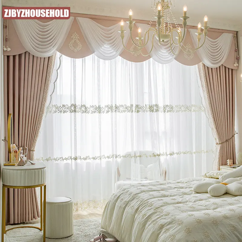 

Customized French Princess Curtains for Living Dining Room Girls Bedroom European Pink Wedding Room High Precision Blackout