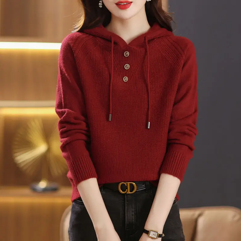 2023 New Women\'s Clothing Knitted Long Sleeve Hooded Commuter Autumn Winter Casual All-match Solid Color Sweaters Jumpers