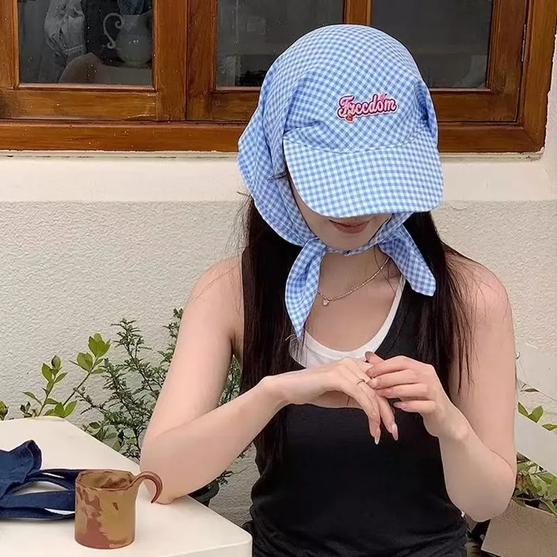 Summer Women's Sunshade Hat Checkered Simple Sweet Personalized Fashion Trend Korean Multi functional Headwear Outdoor Beach Hea