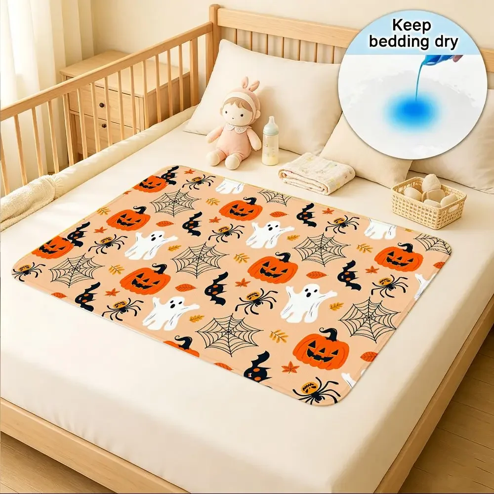 Washable Reusable Care Urine Pad, Halloween Pumpkins Bats Spiders Webs Ghosts Pattern, Incontinence Bed Pad for Adults & Elderly