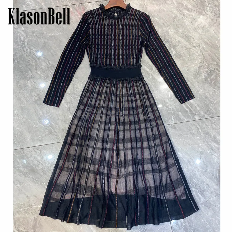 

8.25 KlasonBell Elegant Luxury Metal Striped Jacquard Lace Decoration O-Neck Elastic Collect Waist Midi Knitted Dress Women