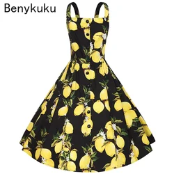 Lemon Print Spaghetti Strap Cotton Vintage Dresses for Women 2026 Summer Elegant Party Retro Pin Up Swing Dresses Big Size 4XL