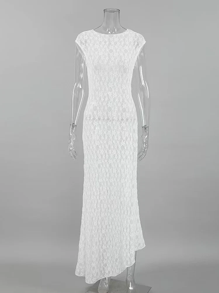 Falda playera Dr Vaion de encaje transparente, Sexy, cintura alta, corte en A, larga, redonda, Color puro, tela fina de verano