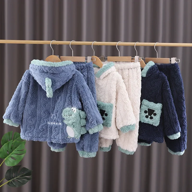 Baby Girls Boys Velvet Pajamas Sets Kids Cartoon Underwear Suit 2024 Fall Winter 1 To 4Yrs Children's Warm Sleep Wear Casual