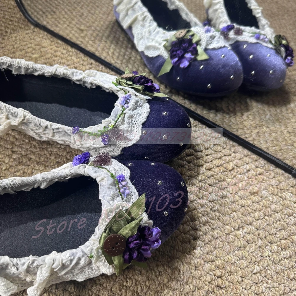 Purple Velvet Mary Jane Flats Women Ruffled White Lace Trim Floral Crystals Shoes Sweet Lolita Round Toe Slip On Dress Shoes