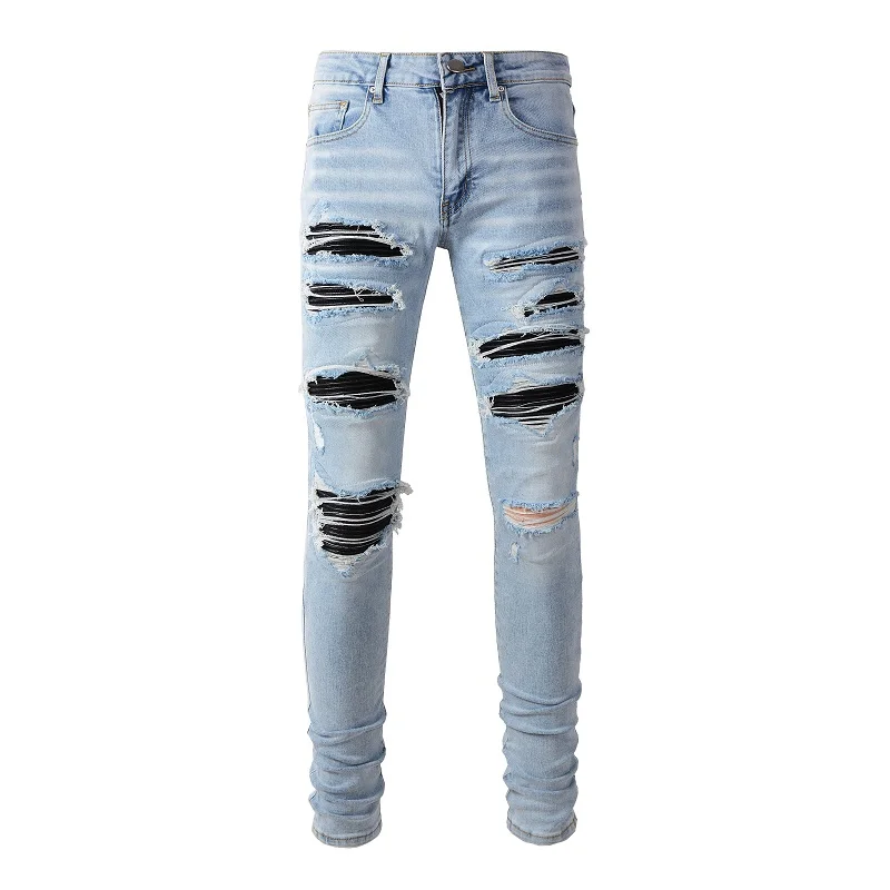 No Brand Tags Classic Distressed Blue Holes Leather Ribs Patchwork High Quality Stretch Skinny Ripped Jeans Men