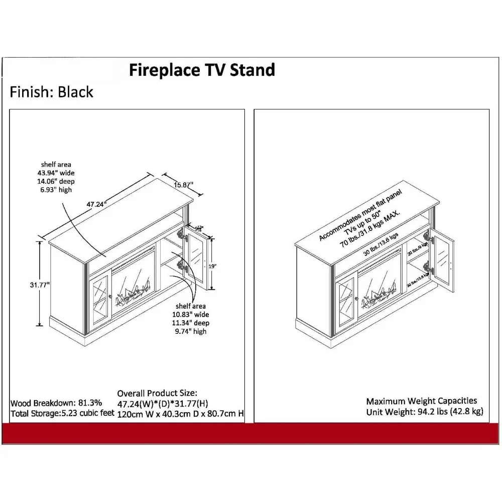 Chauffage électrique à infrarouge, cheminée électrique, console de télévision pour téléviseurs jusqu'à 50 ", technologie LED ultra lumineuse longue durée