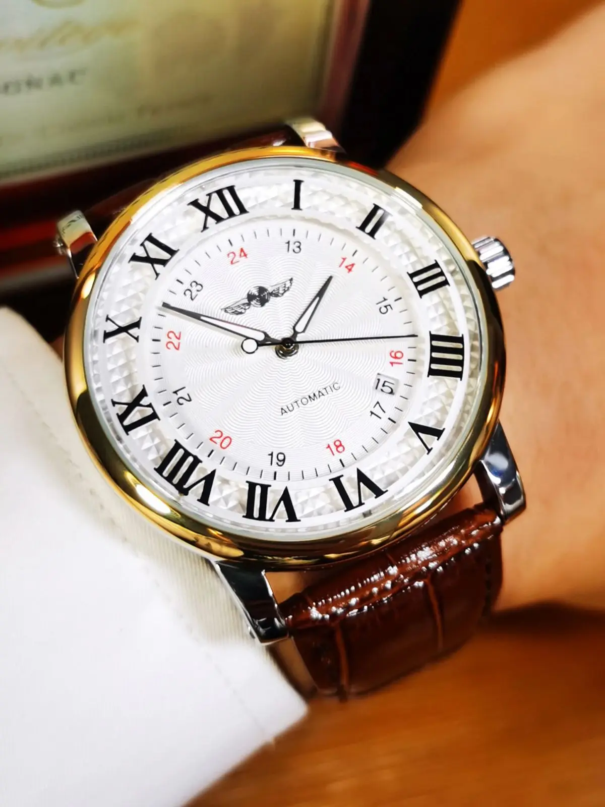 WINNER Fashion Minimalist Mechanical Watches Date Display Business Automatic Men Watch Casual Brown Leather Belt Male Wristwatch