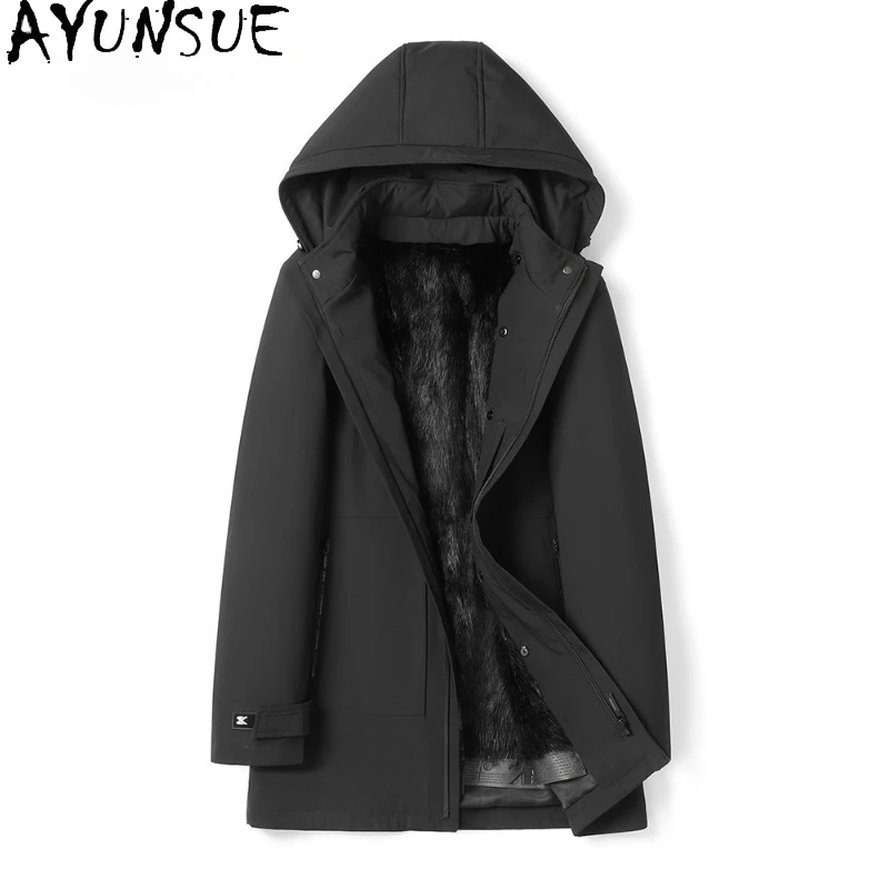 

AYUNSUE Winter Natural Fur Coat Man Warm Parkas Detachable Mink Fur Liner Jacket Hooded Real Fur Coats Mid-length Outerwears