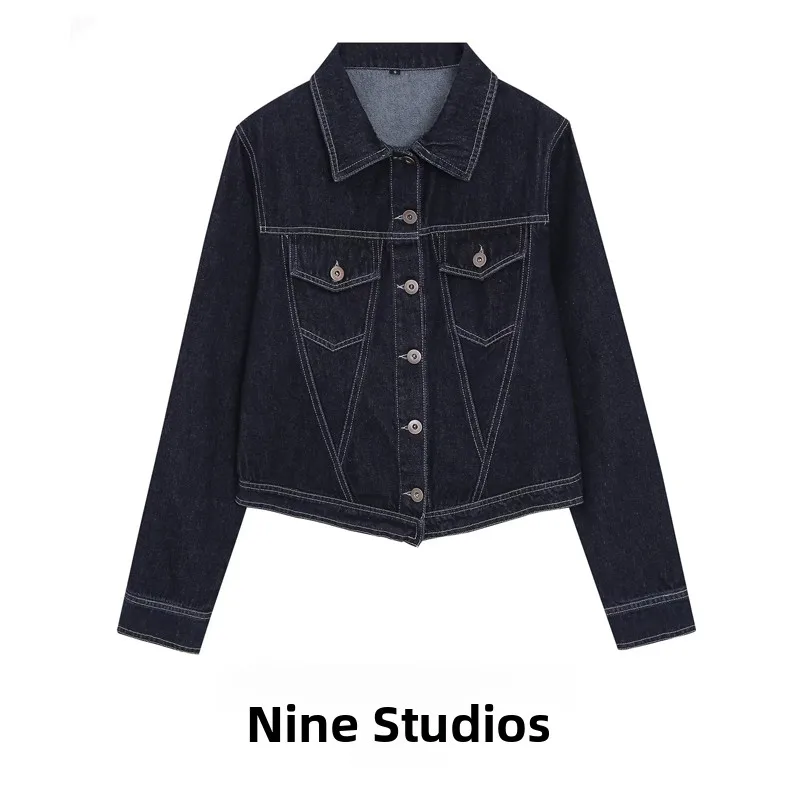 NINE ZAR Women's Slim Fit Short Denim Jacket with Collar Heart Pattern Design Long Sleeve Button Closure Winter Outerwear