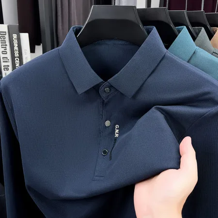 Herren-Freizeit-Polohemd mit langen Ärmeln, knitterarm, aus weichem Material, klassisches Revers- und Knopfdesign, für alle Jahreszeiten, geeignet für Geschäft und Alltag. – Detail 7