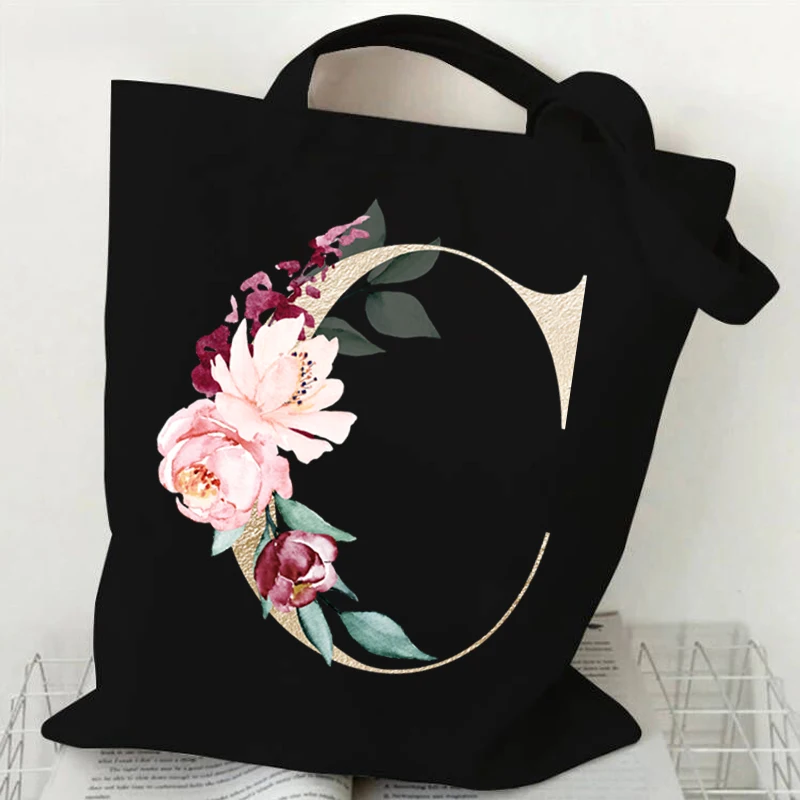 Flower English Alphabet Graphic Women Canvas Shopping Bags Gold Color Lettering A B C D Shoulder Bag Mobile Phone Travel Bags