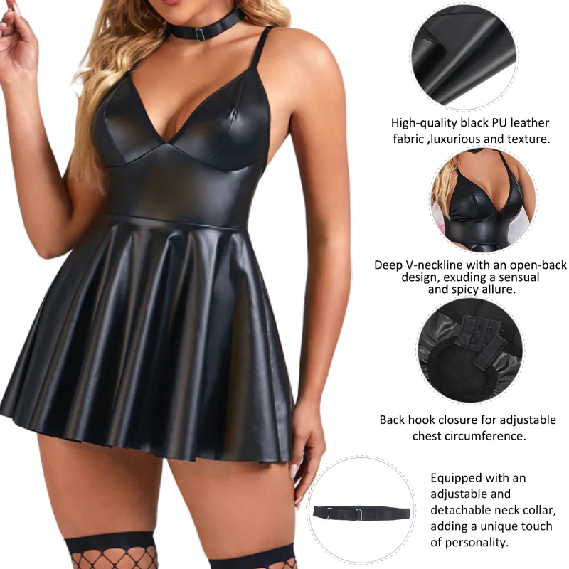 Ohyeahlady Pu Leather Women Nightclub Wear Pajamas Mini Suspenders Dress Plus Size Bodycon Nightdress Black Sexy Lingerie Skirt