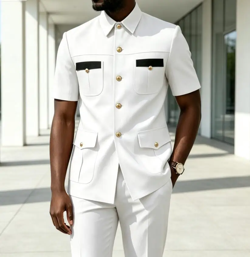Luxury Men Suit Short Sleeves Safari Suit 2 Pieces Black Contrast Pockets Gold Button Business Wedding Party Casual Blazer Pants