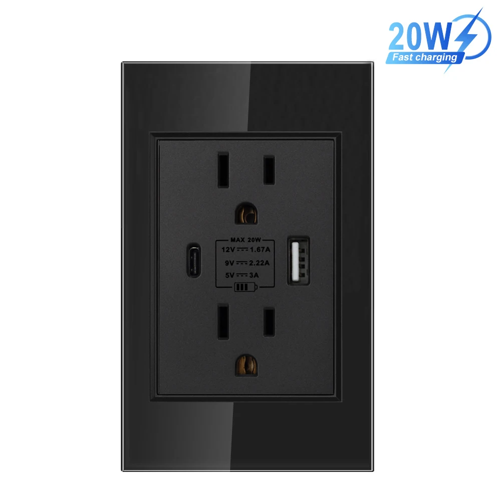 VISWE US Standard Power Plug with USB Type-C Fast Charging 20W, 118*72mm Tempered Glass Panel, America Wall Outlet