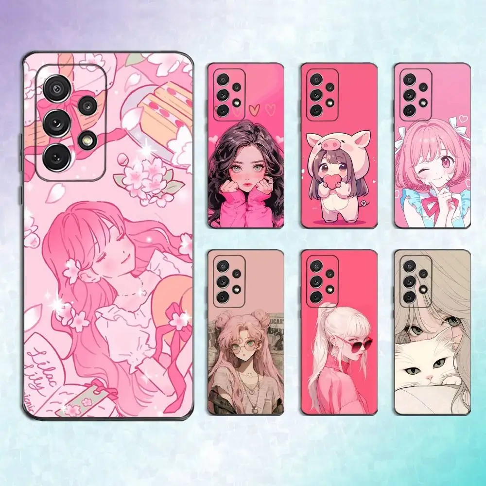 

Cartoon Pink Beauty Girl Phone Case For Samsung S25,S24,S23,S22,S21,S20,S10,Ultra,Plus,Lite,FE,Soft Silicone Black Cover