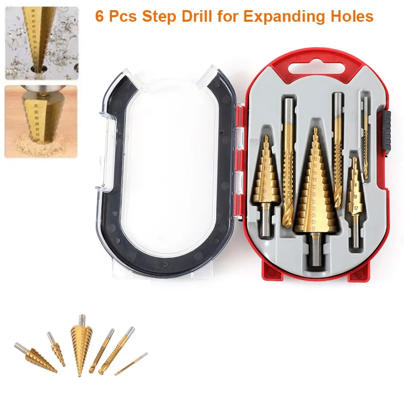 

6Pcs Step Drill Bit Saw Drill Bit Set Titanium Milling Cutter 4-12 4-20 4-32mm 3 6 8mm for Woodworking Metal Core Hole Opener